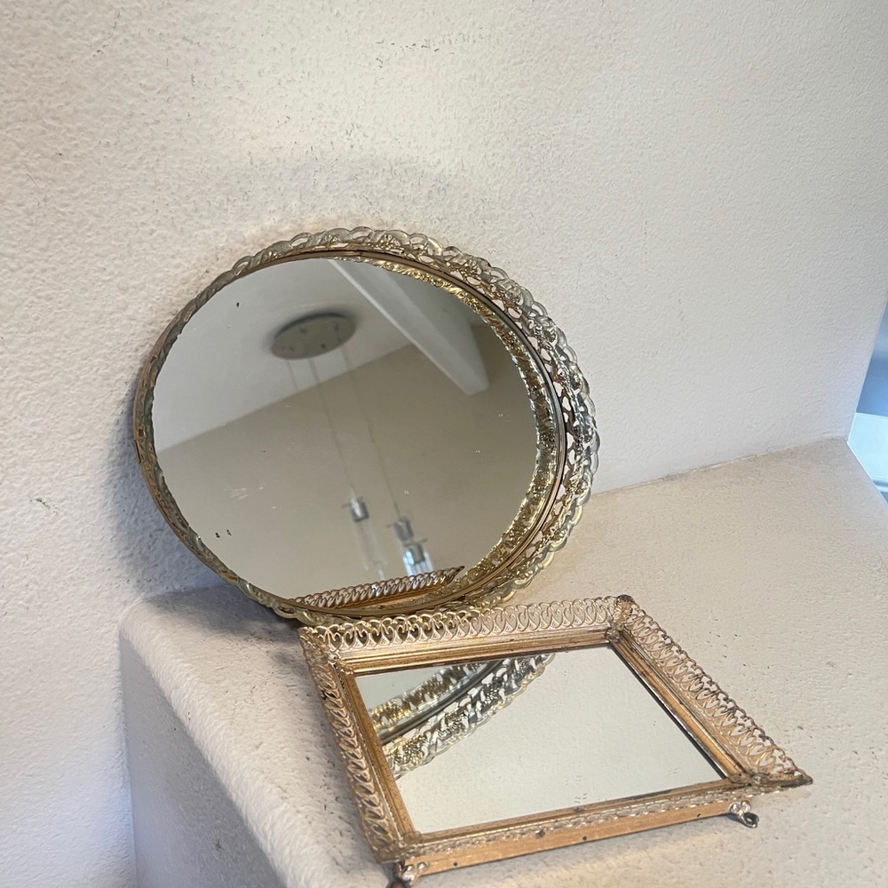 Two Set VNTG Mirrors‎ Vanity Tray Gold Filigree Ornate Frame perfume Dresser